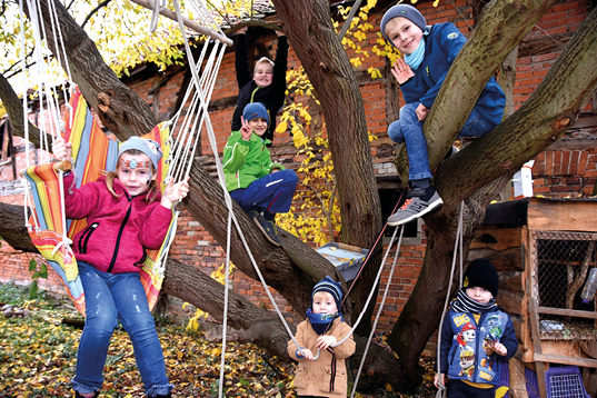 Kinder sitzen in einem Baum auf dem Projekthof in Velsdorf