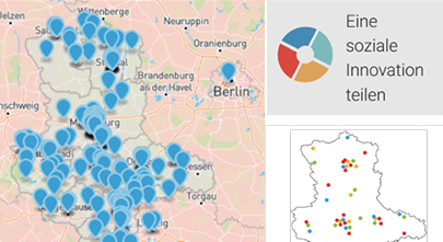 Landkarte sozialer Innovationen, Meldebutton und Karten-Symbol 