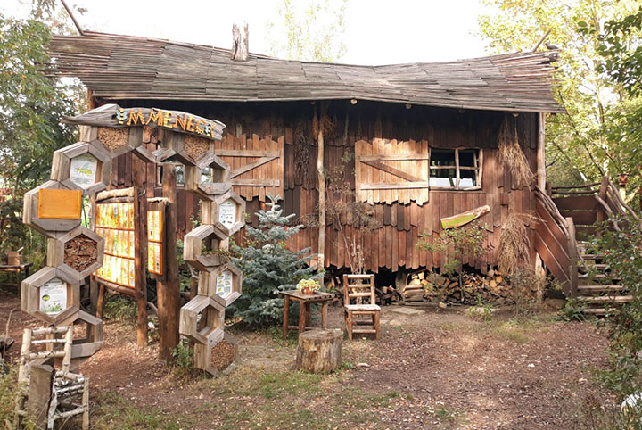 Eine Hütte aus Holz steht in einem Garten
