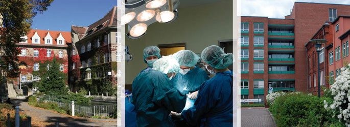 Drei Bilder: Das Klinikum in der Außenansicht und Ärzte während einer OP