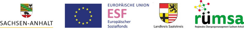 Logos Land Sachsen-Anhalt, Europäischer Sozialfonds, Landkreis Saalekreis und RÜMSA